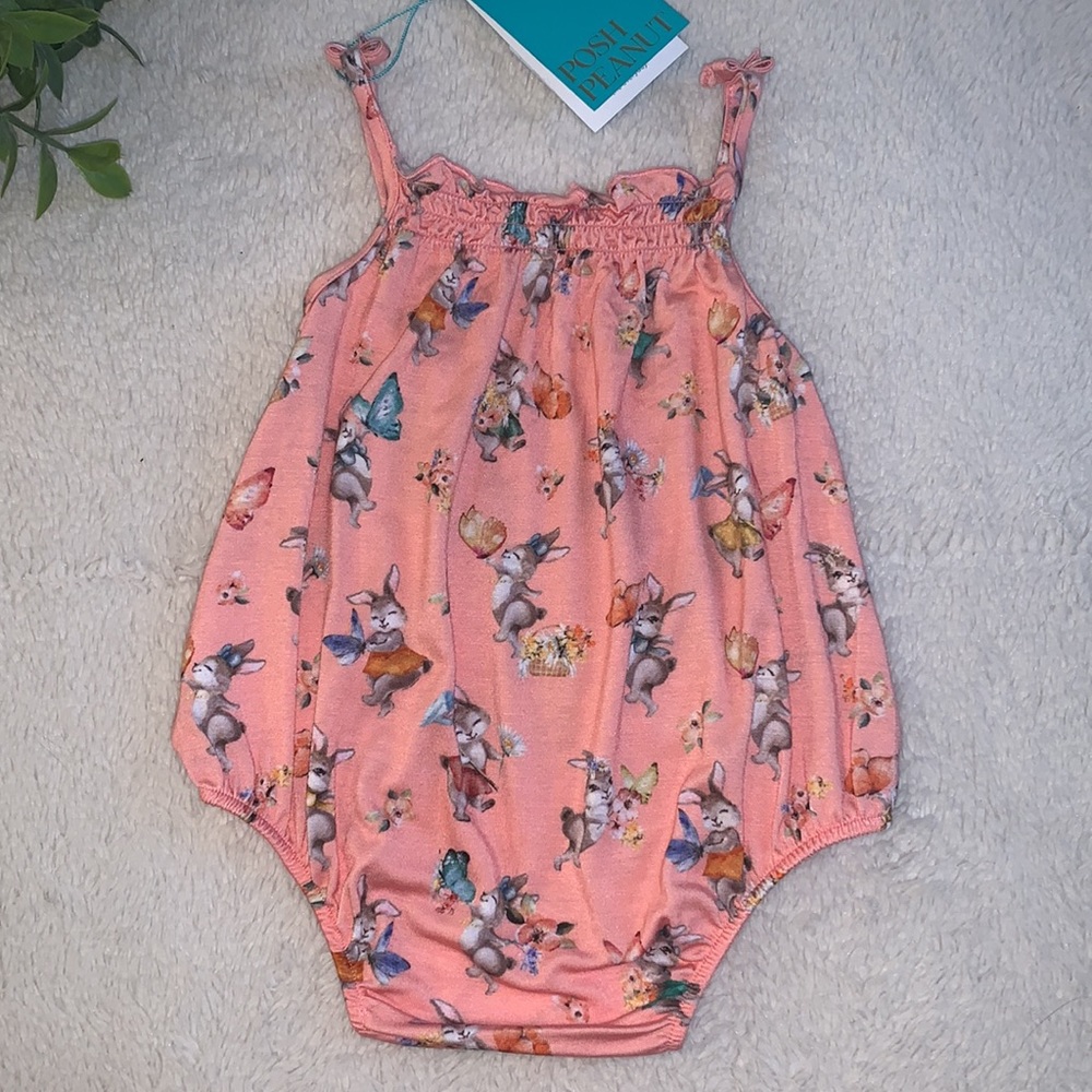 NWT Posh Peanut Betty Spaghetti Strap Bubble Romper 3-6M Bunny Rabbit